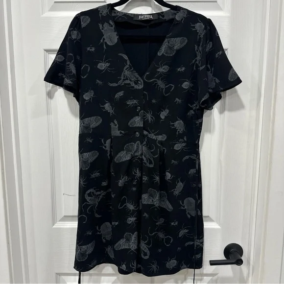 DISTURBIA Parasite Playsuit Black V-Neck Romper Bugs Print Goth w/ Tie (Size 8) - Picture 9 of 13